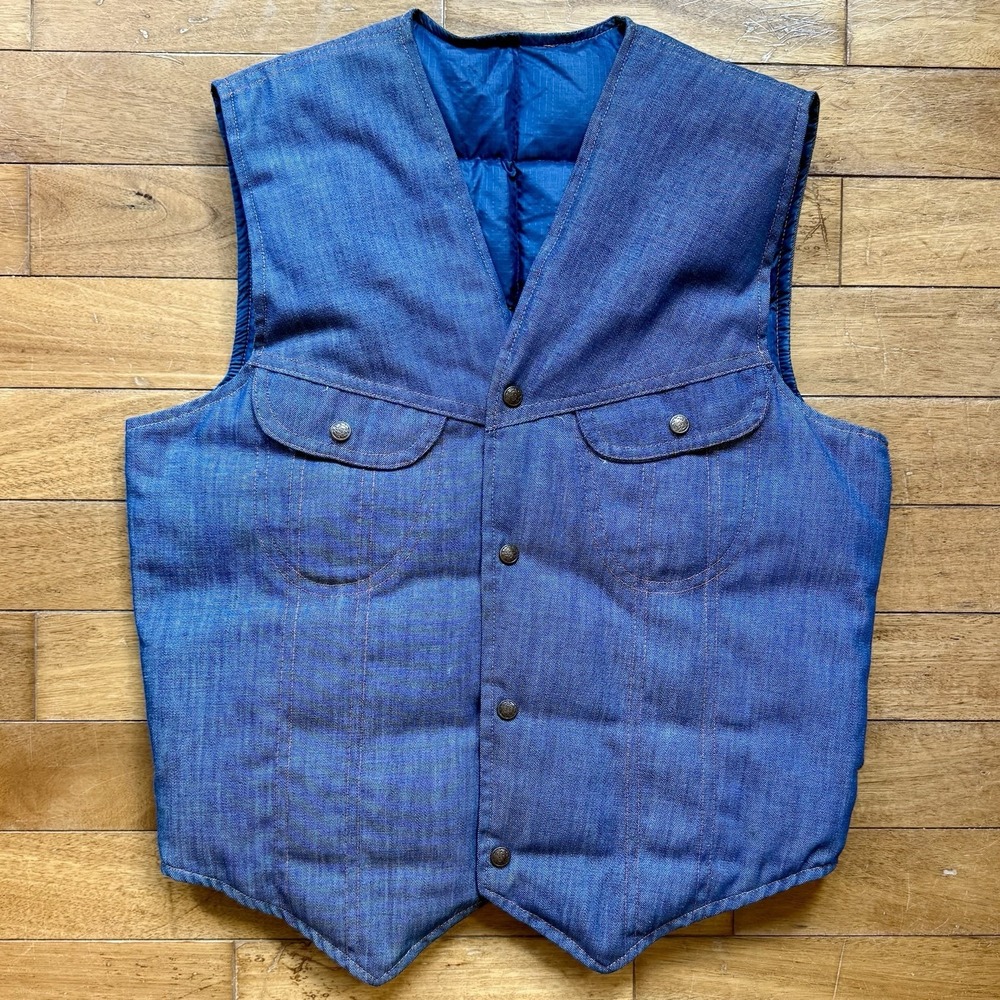 VTG 70s Stearns Reversible Trucker Denim Prime Goose Down Puffer Vest Blue Men L